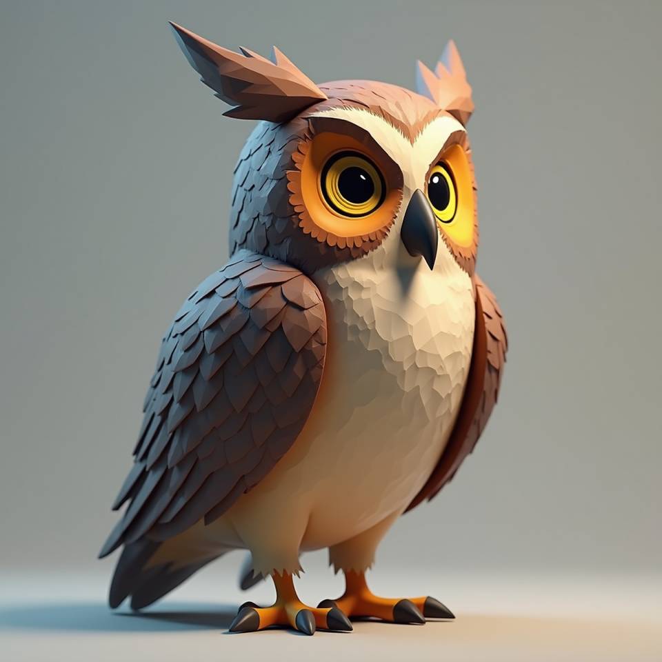 An owl is standing on a gray surface