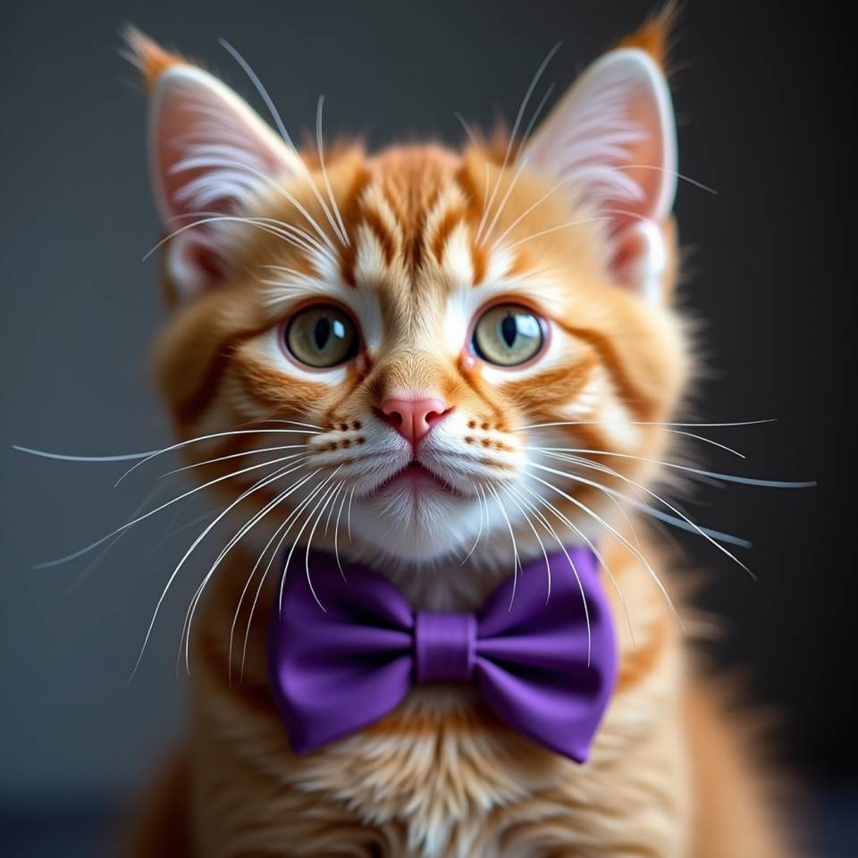 An orange cat with a purple bow tie