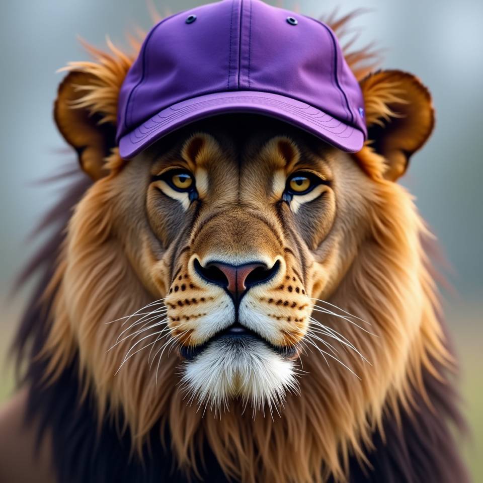 A lion wearing a purple baseball cap