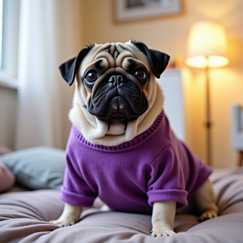 A pug dog wearing a purple sweater sitting on a bed