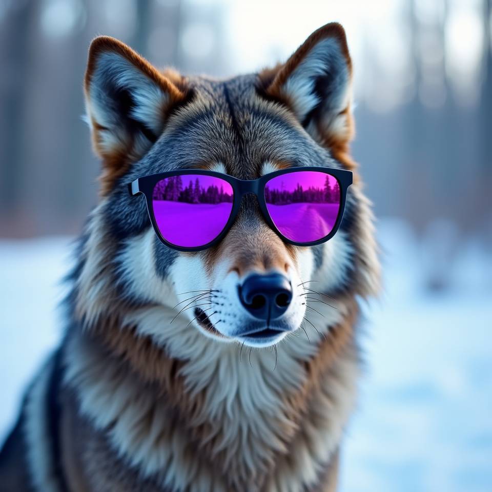 A dog wearing a pair of purple sunglasses in the snow