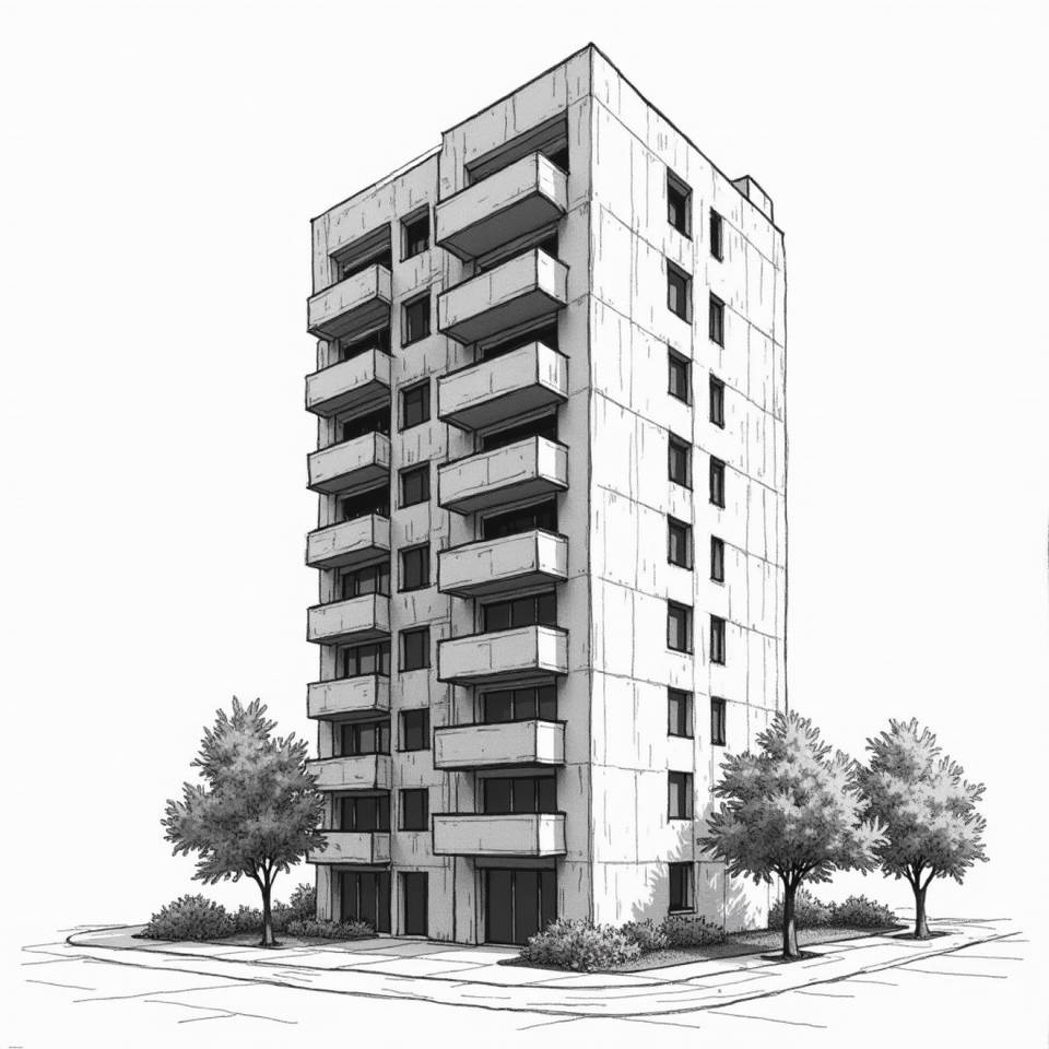 A black and white drawing of a tall building