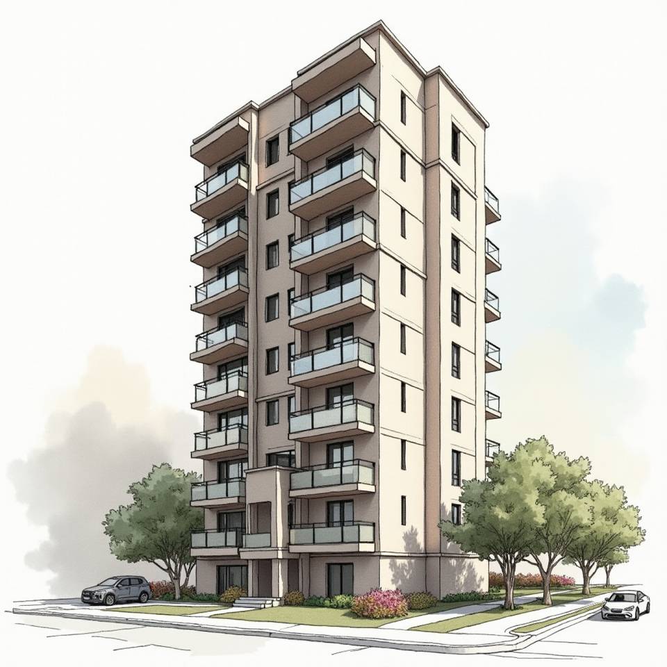 An artist's rendering of a tall apartment building with balconies