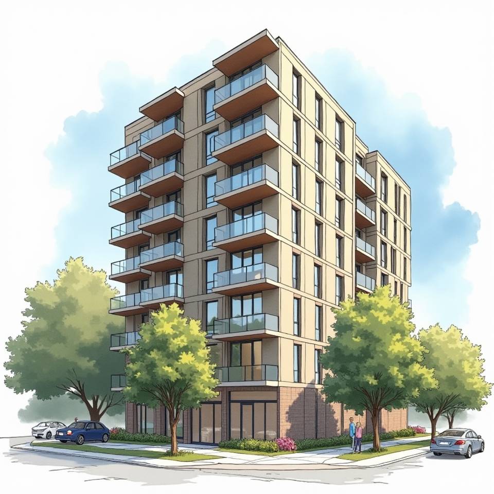 An artist's rendering of an apartment building on a street corner