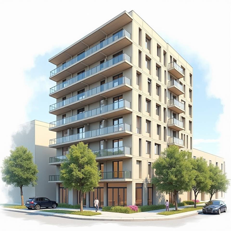 An artist's rendering of an apartment building on a street corner