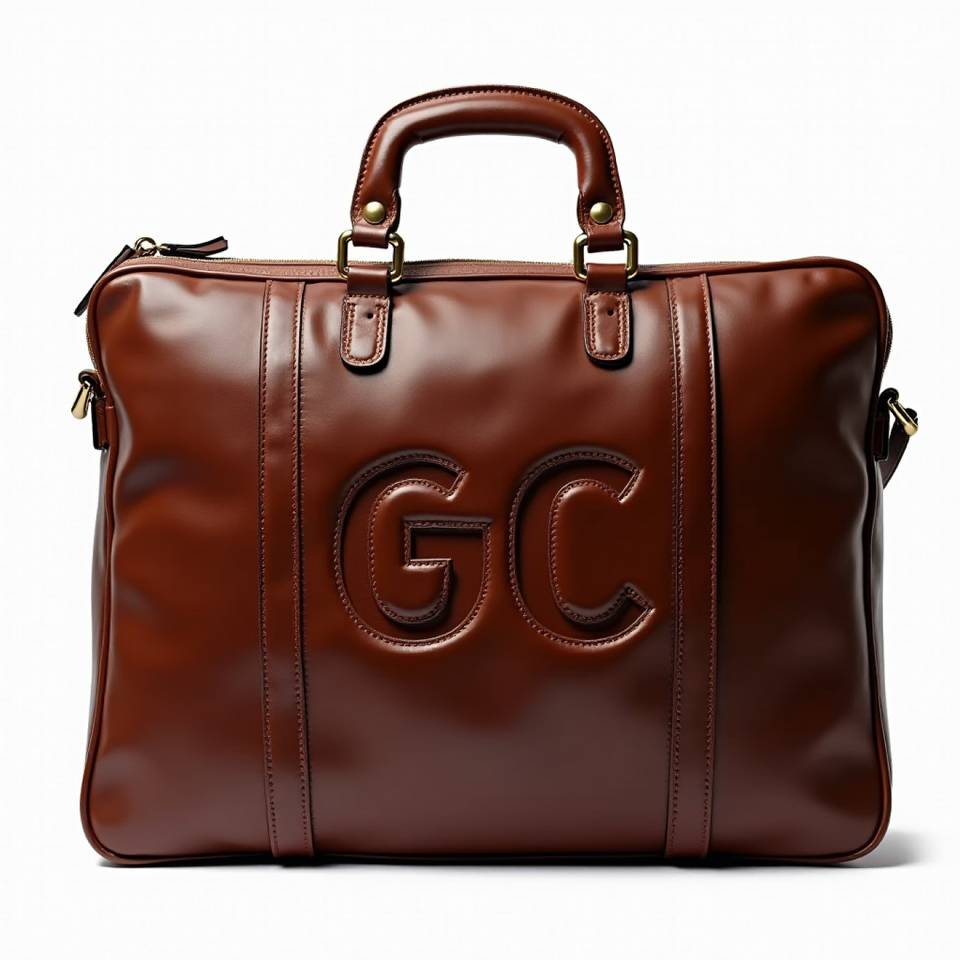 A brown briefcase with the letters GC on it