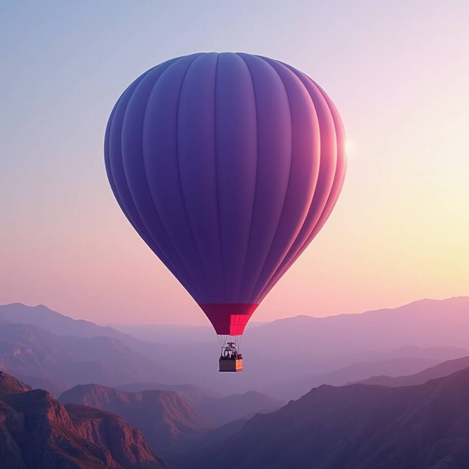 A hot air balloon flying over a mountain range