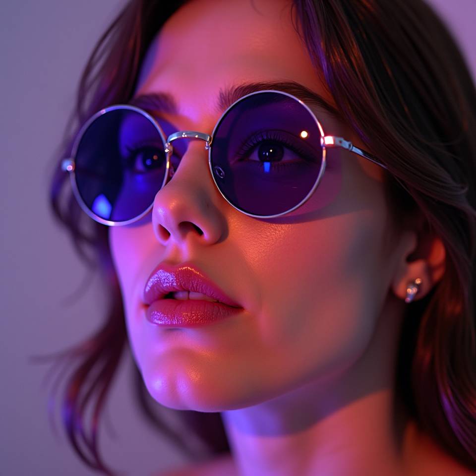 A woman wearing a pair of purple sunglasses