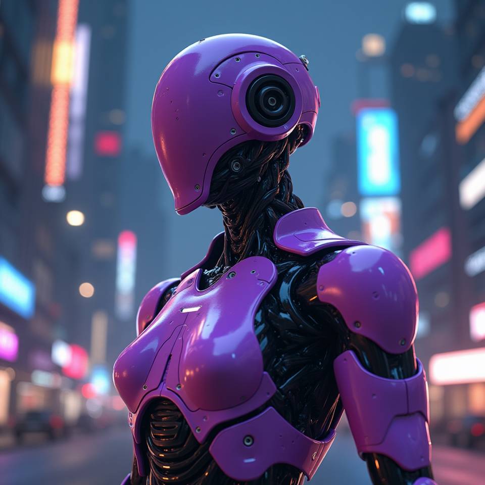 A woman in a purple robot suit standing in the middle of a city