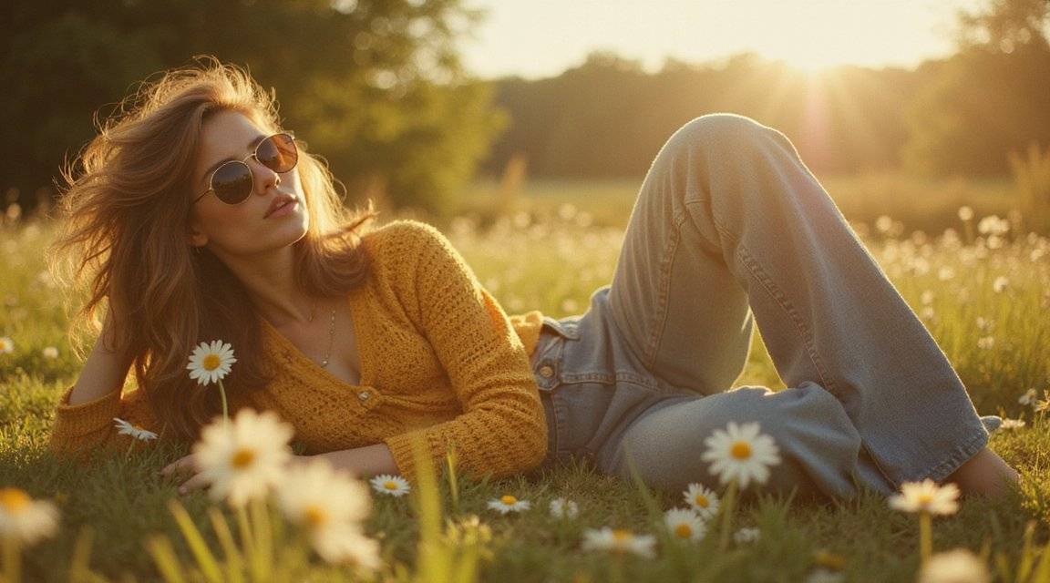 Woman lying in a field of daisies at sunset, wearing sunglasses and a yellow sweater