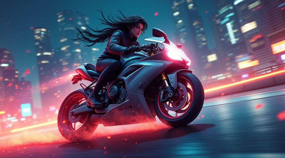 Woman riding a sport motorcycle at high speed through a futuristic city at night