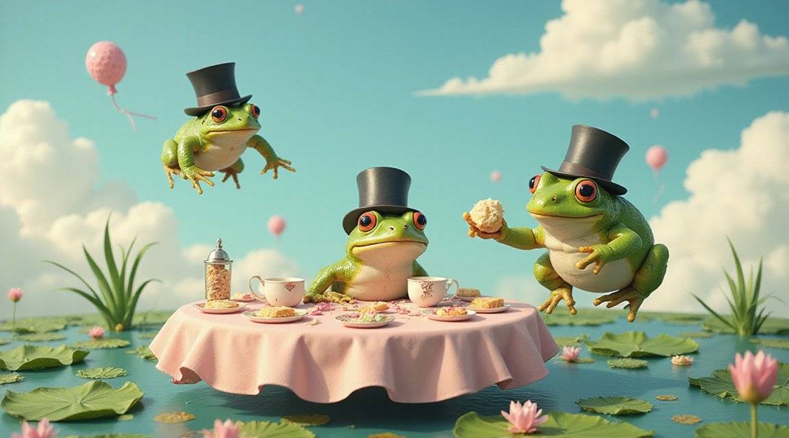 Frogs wearing top hats having tea on a floating table surrounded by lily pads in a surreal scene