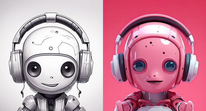 A pink and white robot with headphones on