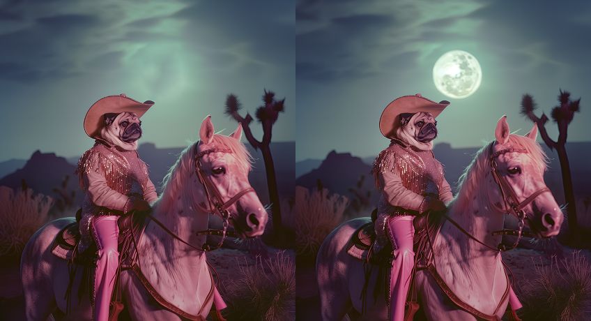 A pug dog dressed as a cowboy riding a horse in the desert