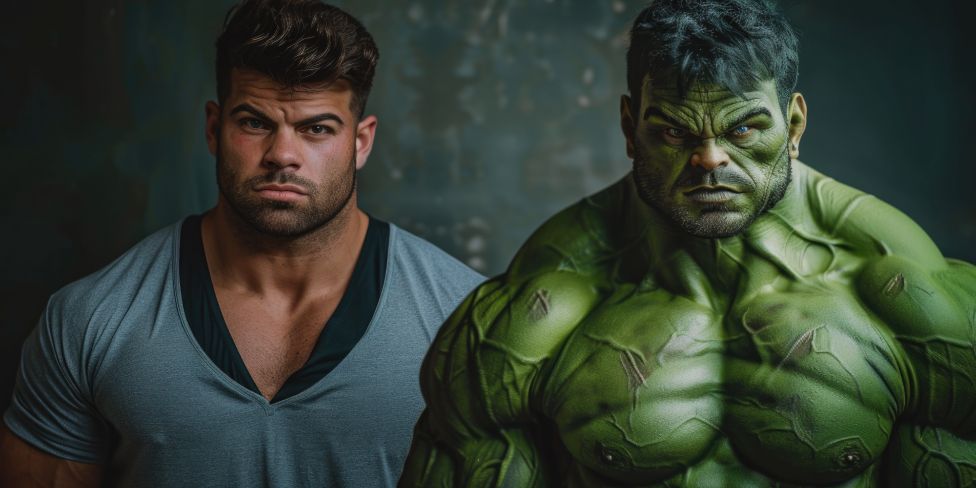 A man standing next to a man dressed as the Hulk