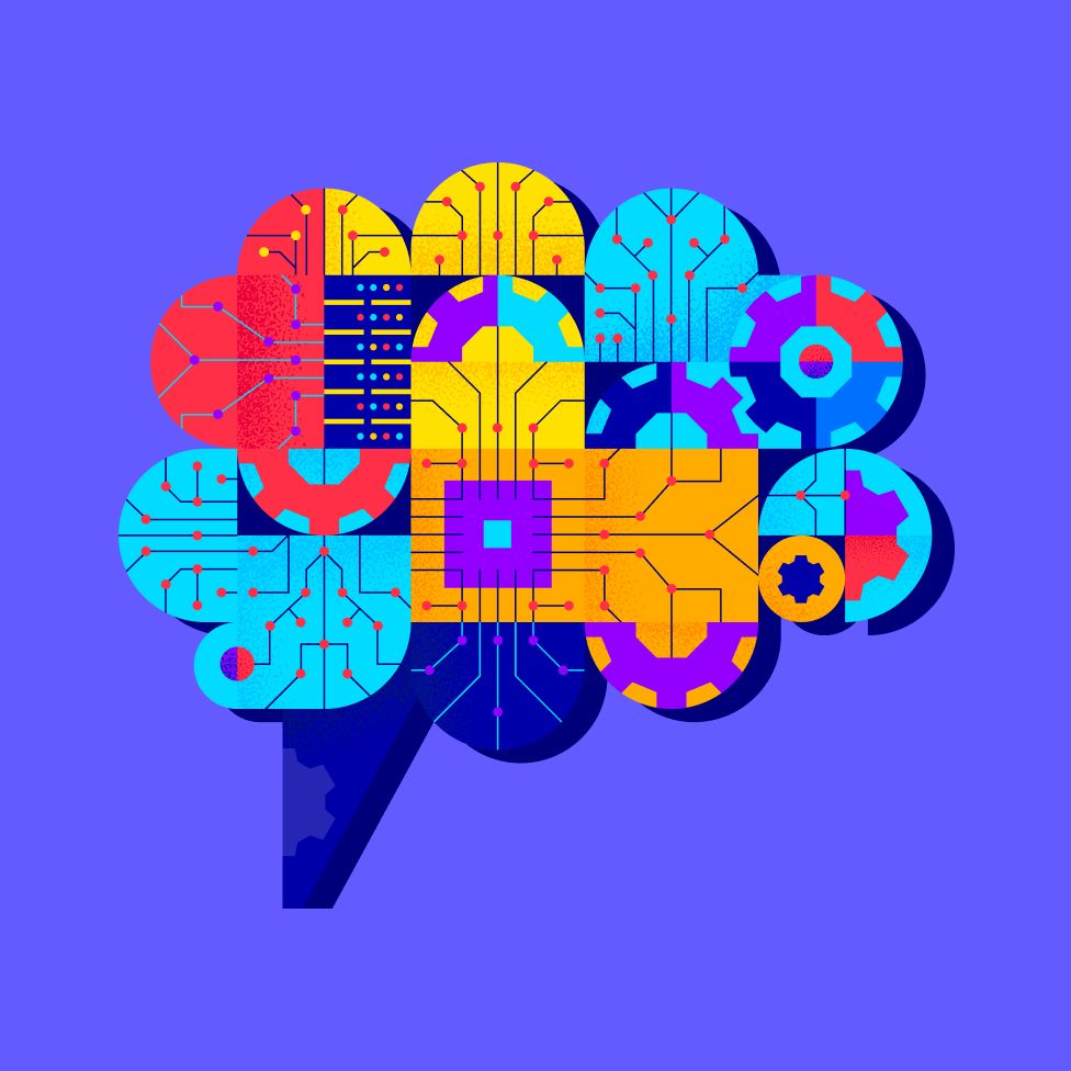 A colorful illustration of a brain made up of circuit boards