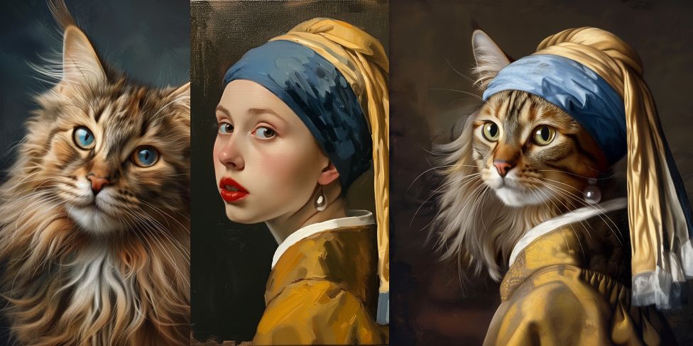 A painting of a woman with a pearl earring and a cat