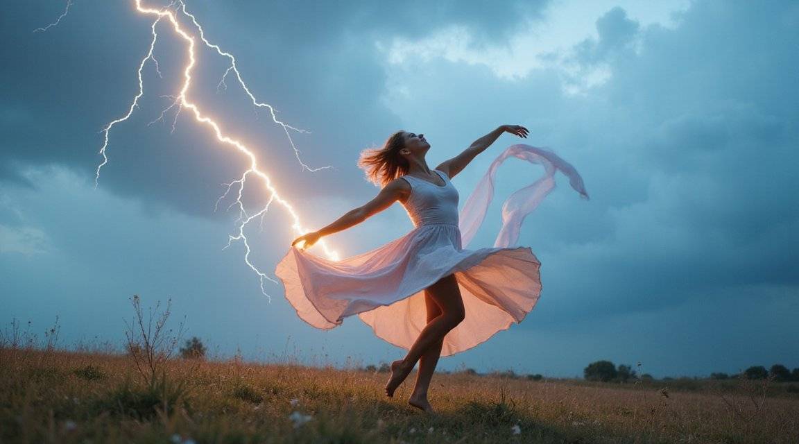 Woman dancing gracefully in a field during a thunderstorm, with lightning striking in the background