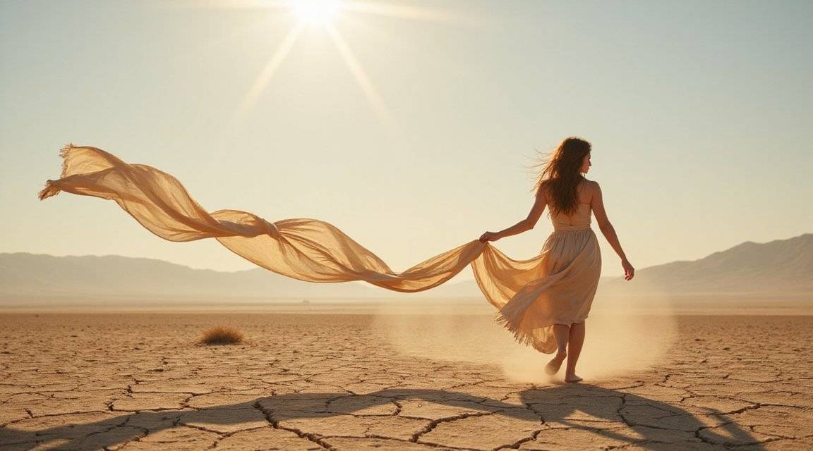 Woman walking barefoot in a desert at sunset, holding a flowing fabric that trails behind her