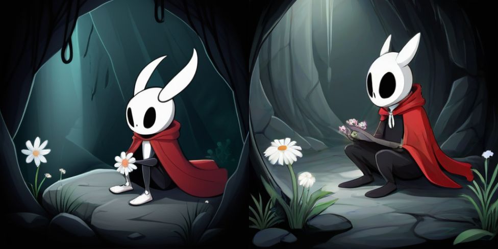 A rabbit in a red cloak sitting in a cave with flowers