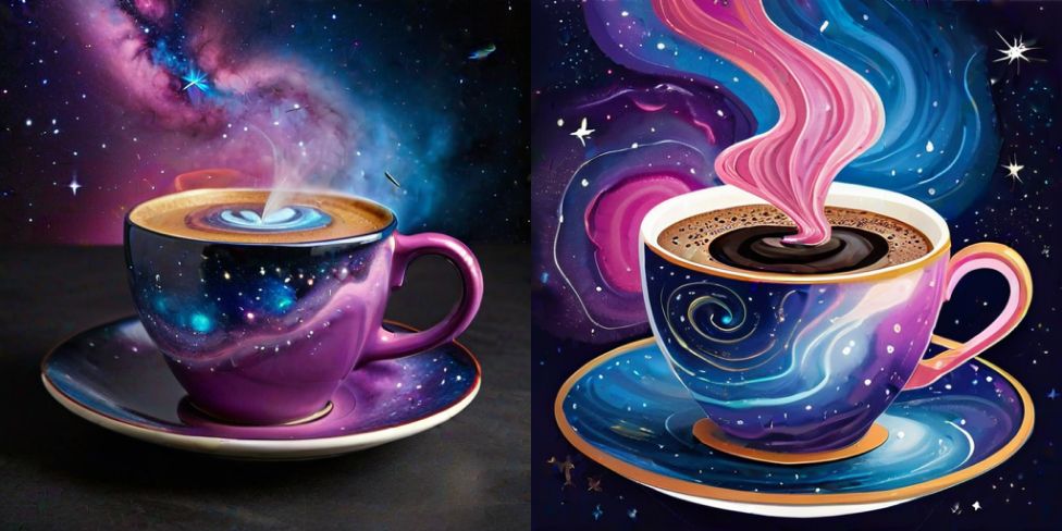 A painting of two cups of coffee on a saucer