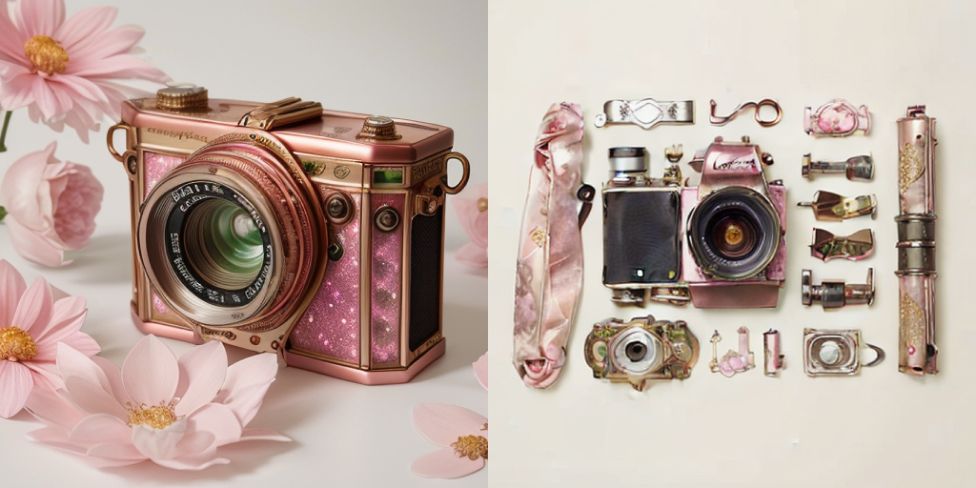 A pink camera sitting next to a bunch of pink flowers