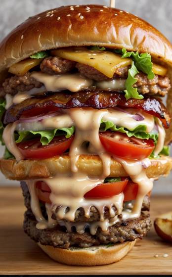 A cheeseburger with lettuce, tomato, onion, and cheese on a bun