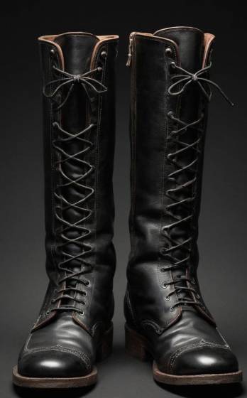 A pair of black combat boots on a black background