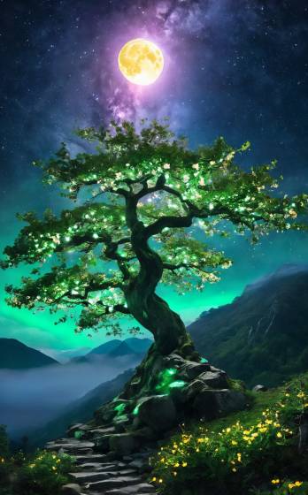 A tree in the middle of a field with a full moon in the background