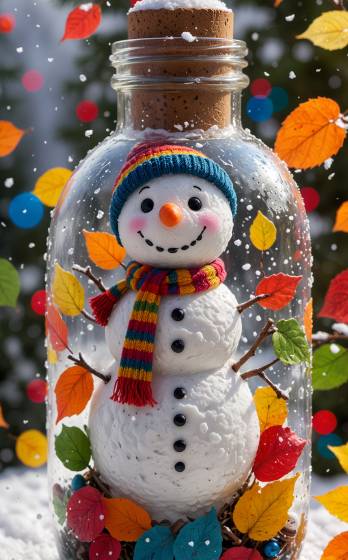 A snowman in a glass bottle with a scarf and hat