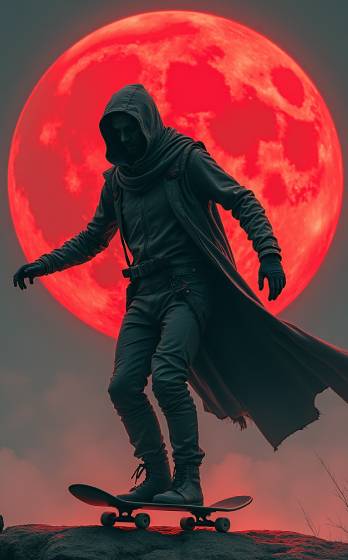 A man riding a skateboard in front of a red moon