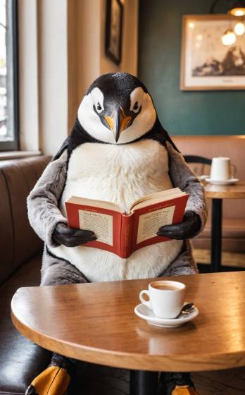 A penguin sitting at a table reading a book