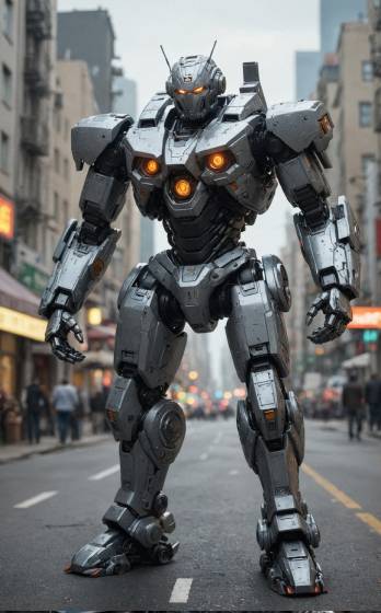 A giant robot standing in the middle of a city street