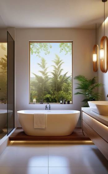 A bathroom with a large window and a bathtub