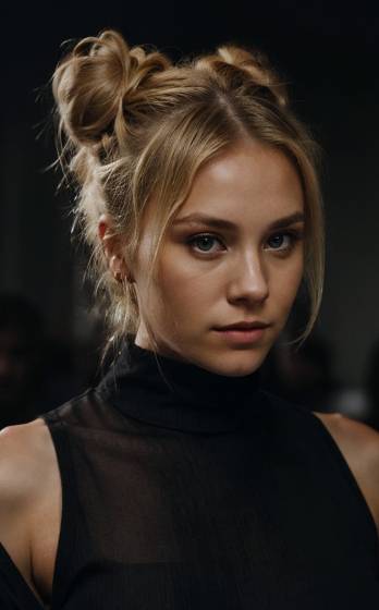 A woman in a black dress with a messy top knot