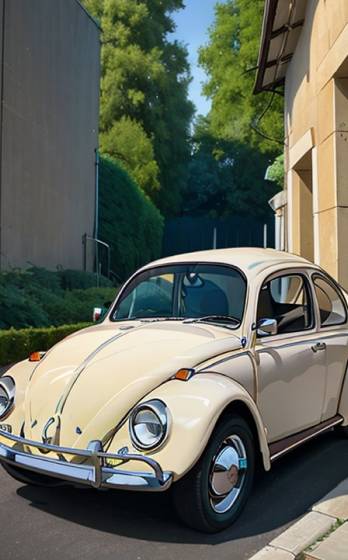 A beige car parked in front of a building