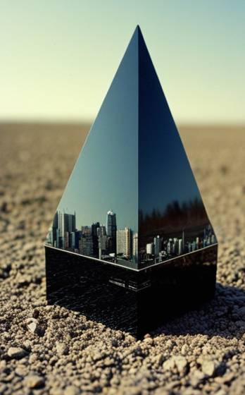 A glass pyramid with a city skyline reflected in it