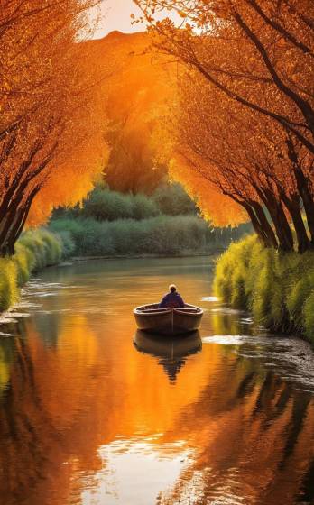 A man in a small boat on a river surrounded by trees