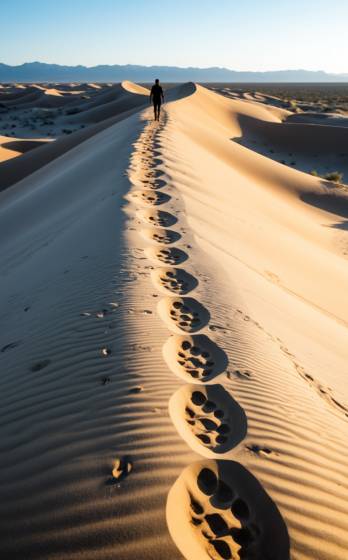 A person walking across a sand dune with footprints in the sand