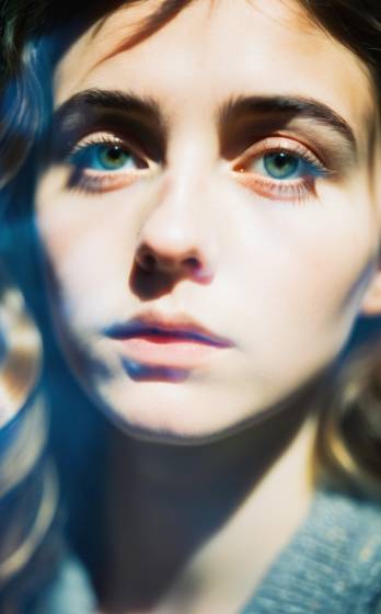 A close up of a woman's face with blue eyes