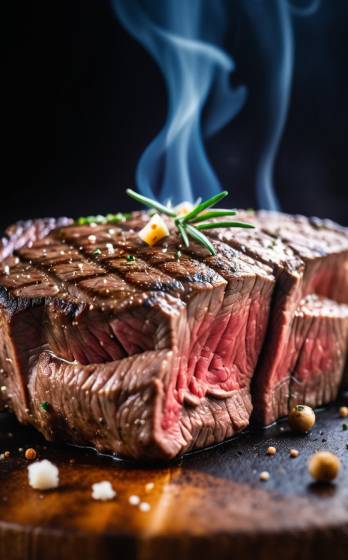 A piece of steak on a cutting board with smoke coming out of it