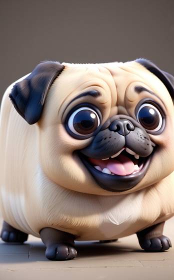 A cartoon pug dog with big eyes and a big smile