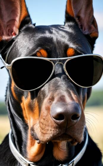 A black and brown dog wearing a pair of sunglasses