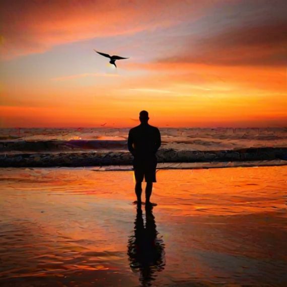 A woman standing in the water with a bird flying above her head