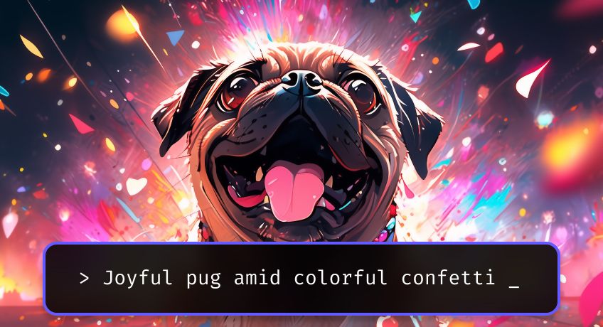 A pug dog with its tongue out in front of fireworks