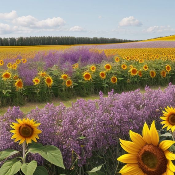 A field of sunflowers and lavender in the middle of a field