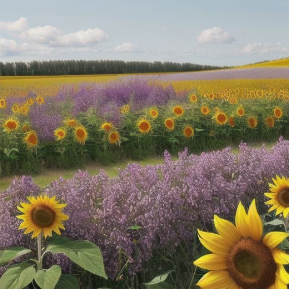 A field of sunflowers and lavender in the middle of a field