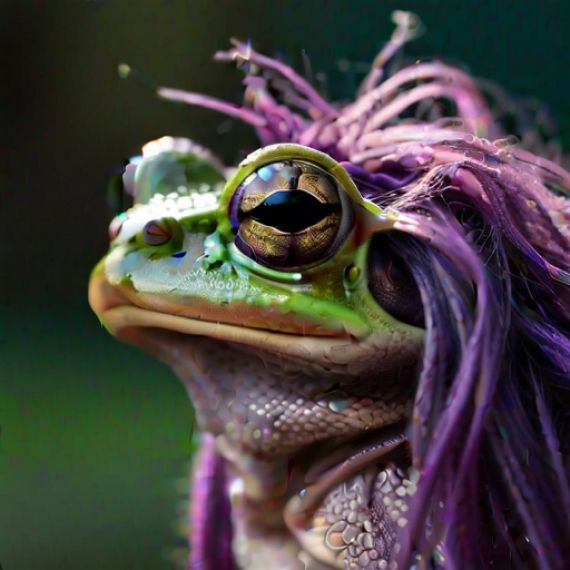 A green frog with purple hair and big eyes