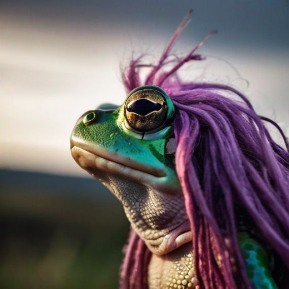 A green frog with purple hair and big eyes