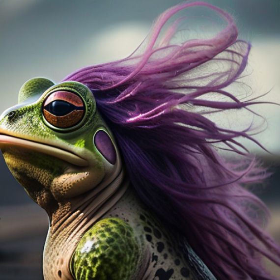 A green frog with purple hair and big eyes